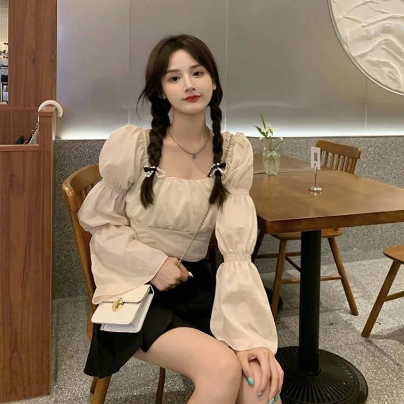 Sweet Puff Sleeve Blouse Women New Autumn French Square Collar Lace-up Long-sleeved Solid Color Slim Basics Daily Tops Female