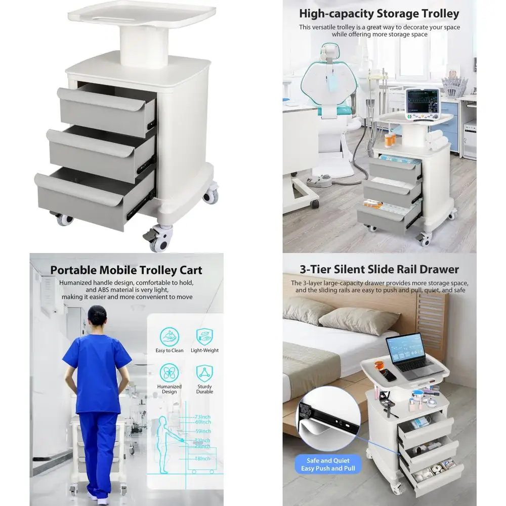 Portable Ultrasound Scanner Trolley Cart with Beauty Storage, 110 lbs Capacity, 3 Drawers, Heavy Duty Mobile Cart for Imaging Eq