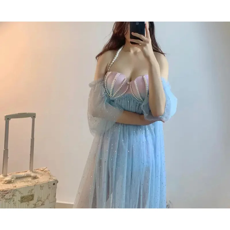 ชุดว่ายน้ำนางฟ้าแต่ละชิ้นชุดว่ายน้ำบิกินี่นางเงือกแบบไล่ระดับสีหอยมุกสายโซ่สำหรับชุดเดรสว่ายน้ำชุดว่ายน้ำผ้าแนวโลลิต้าฤดูร้อน