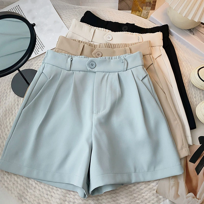 

Summer Korean Casual Vintage Women Shorts Solid Sweet Elastic Waist Shorts Ladies Zipper Pockets Mini Shorts Female