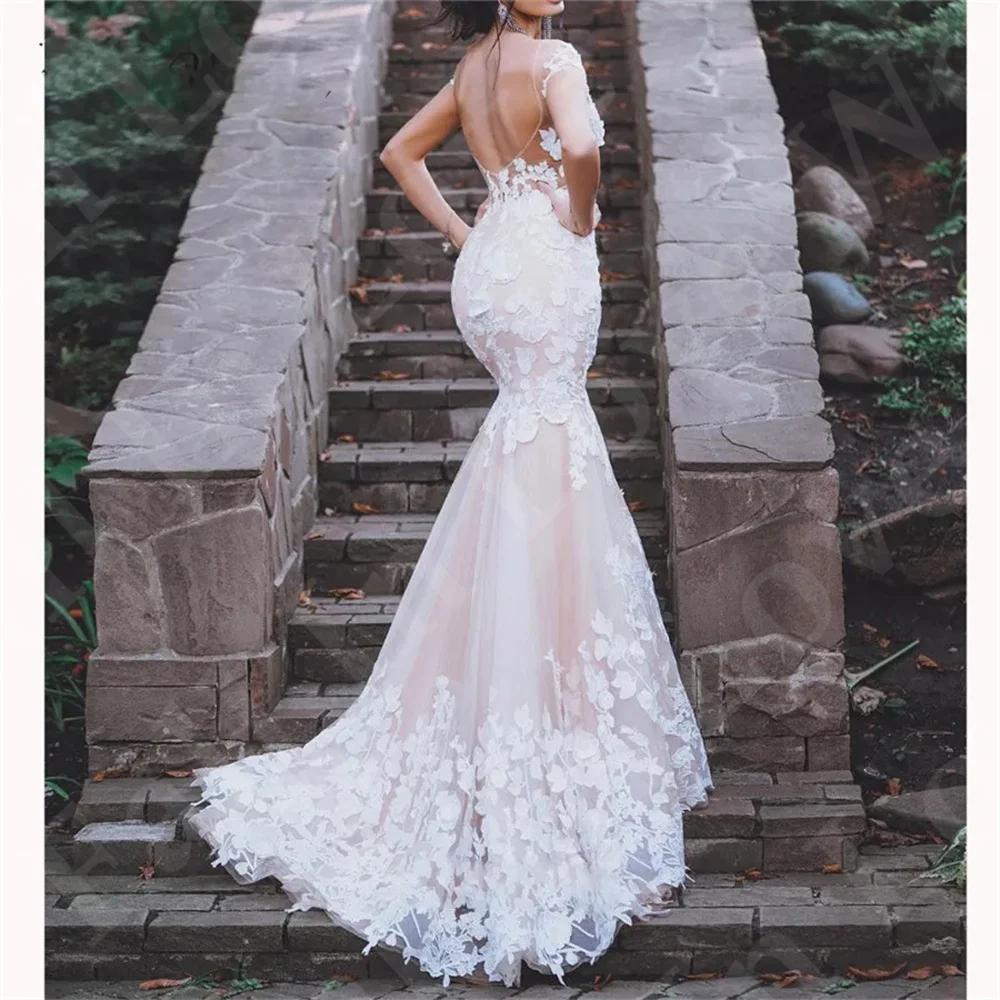 2024 Sexy Sheer Neck Wedding Dresses For Women Short Sleeves Slim Mermaid  Lace Appliques Bridal Gowns Backless Custom Vestidos