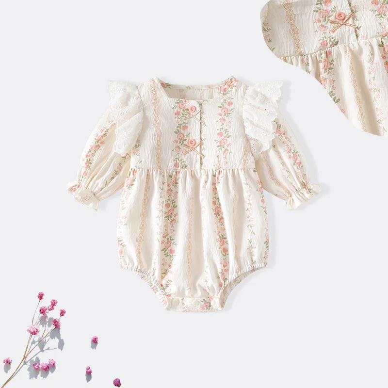 Baby Rompers Spring and Autumn Long Sleeved Floral Countryside Style Sweet Beautiful Girl Children Jumpsuit
