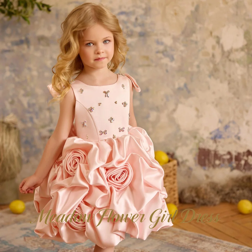 Meadow Dusty Rose Princess Girls Dress Round Neck Sleeveless Ball Gown Party Tutu Dresses with Crystal BowTutu Fluffy Prom Gown