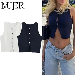 MUJER Cropped Knit Vest Women Cardigan White Sleeveless Vest Woman Fashion Button Knitted Sweater Vest Female Summer Short Tops