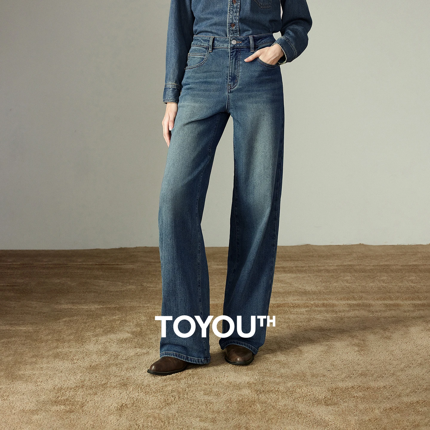 TOYOUTH Women Jeans 2025 Winter New Mid-low Rise Wide-leg Pants Elastic Warm Fleece-lined Slimming Long Trousers