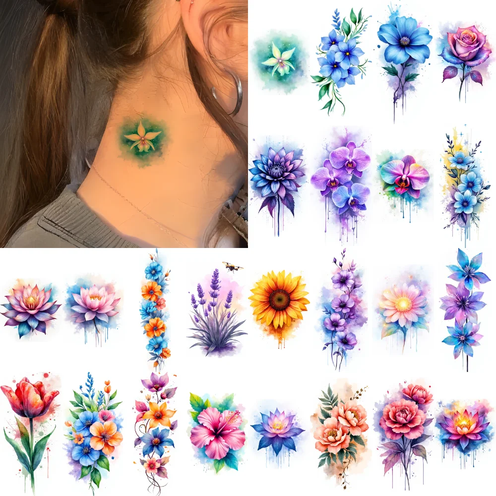 

9pcs Temporary Tattoo Waterproof Long-lasting Body Stickers Orchid Lotus Peony For Shoulders Cheeks Girls
