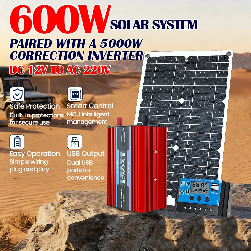 600W Solar Panel Kit 5000W Modified Sine Wave Power Inverter Solar Charge Controller DC12V to AC220V Off Grid Solar Power System