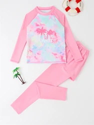 Girls Kids Swimsuit 2024 New Tie Dye Long Sleeves Trousers Children Swimwear Two Piece Summer Coconut Tree Beach Bathing Suit