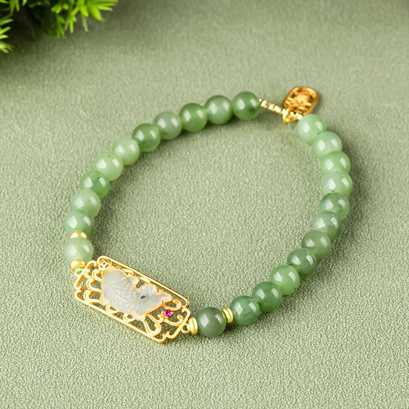 

Natural Old Material Hetian Jade Goldfish Full Of Jadeite Beads Bracelet S925 Silver Inlaid Fashionable Women's Gifts Jewelry