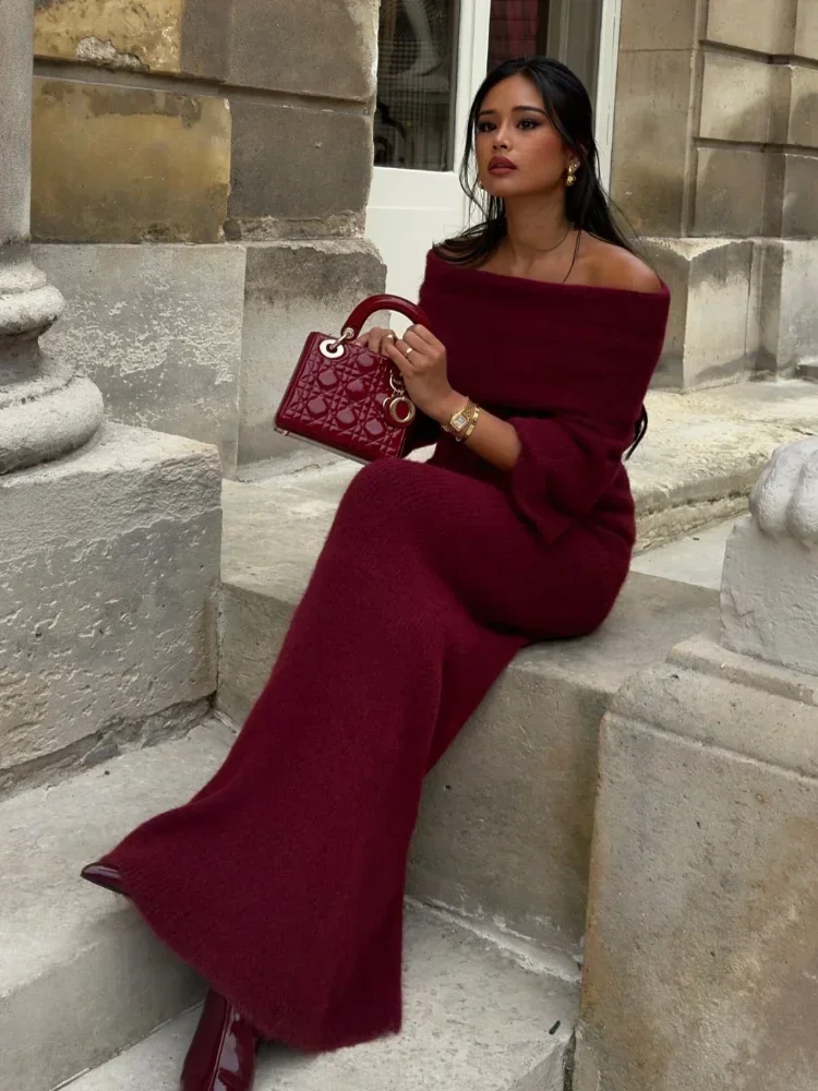 Fashion Long Sleeves Slim Fit Women\'s Robe Set Elegant Red Off Shoulder Knitted Dress Suit 2024 New Autumn Lady Chic Knitwears