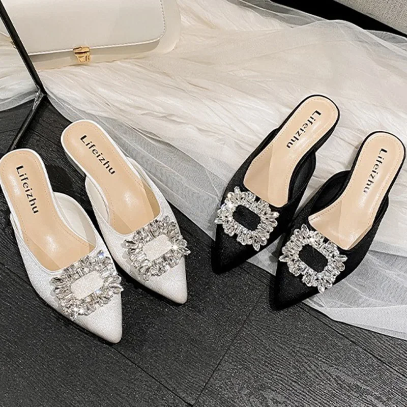 New Women 3.5cm High Heels Sexy Nightclub Slides Lady Luxury Bling Crystal Square Buckle High Heels Female Fashion Outside Mules