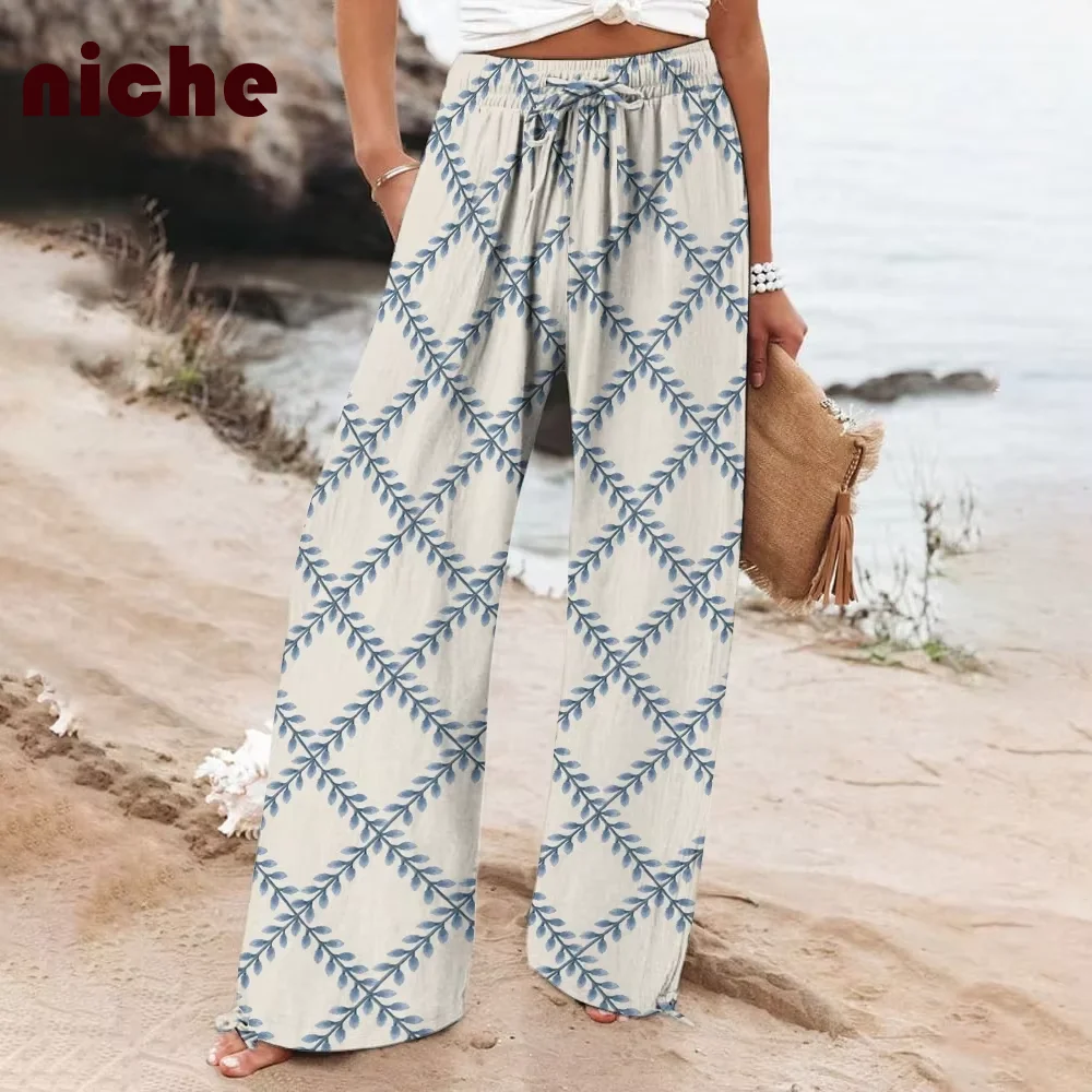 

Casual Women's Beach Pants Simple Rhombus Line Leaf Graphic Printing Cotton And Linen High Quality Fabric New Loose Trousers