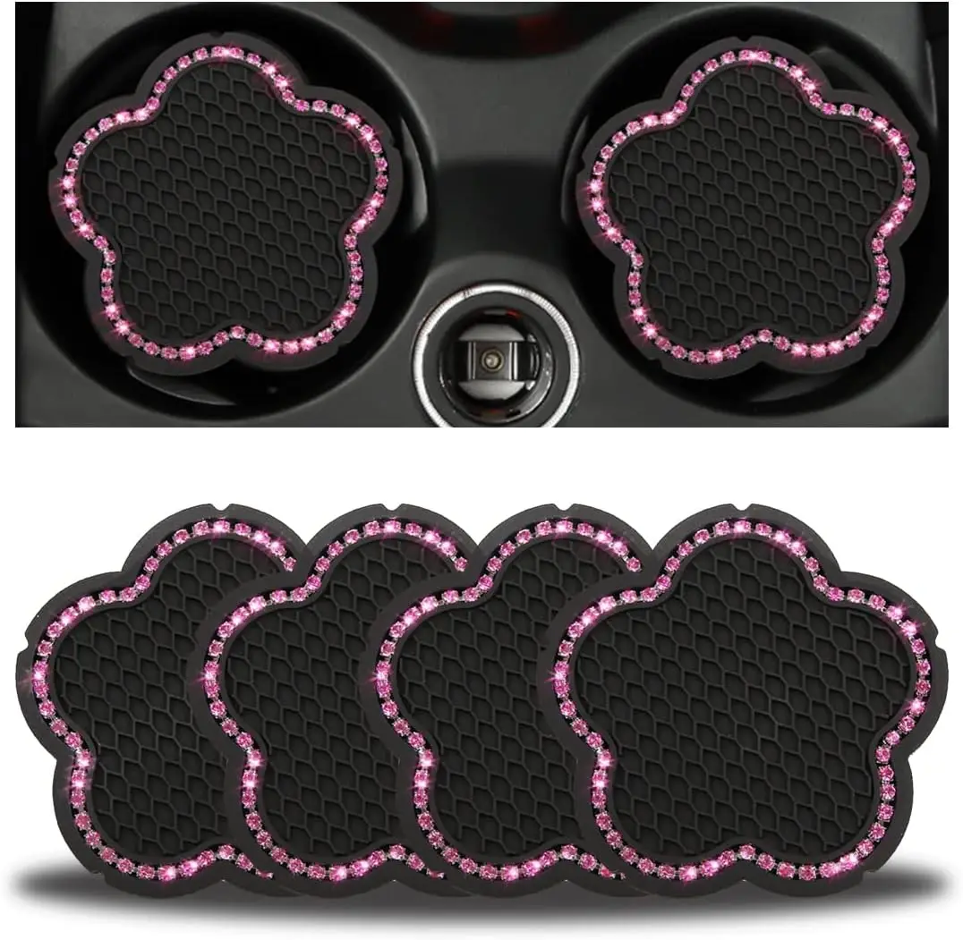 4PCS Bling Car Cup Holder Coaster, 2.75 Inch Crystal Anti-Slip Vehicle Cup Holder Insert Coaster, Rhinestone Cute Plum Blossom P