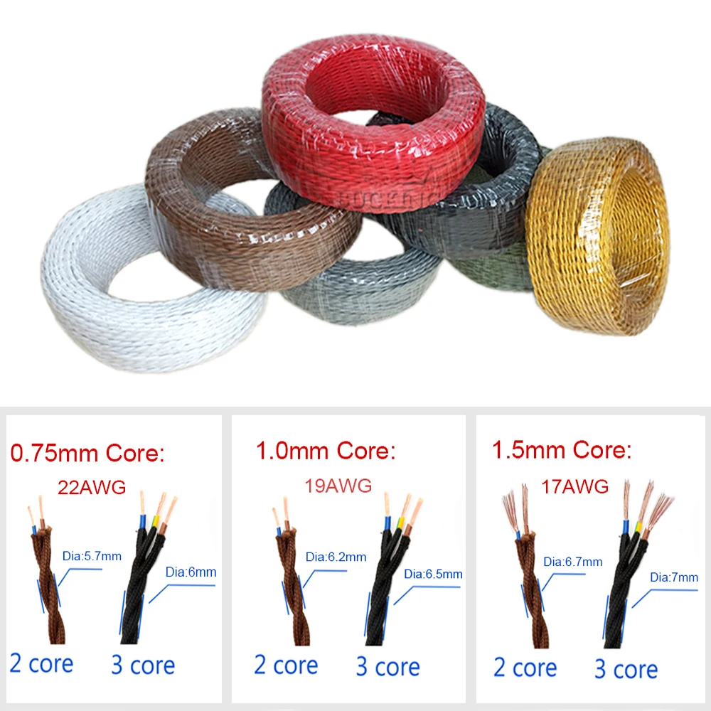 Multi Color Vintage 2-core 3 Core Braided Fabric Twisted Cable Flex Lighting Electrical Wire Woven Textile Cable DIY Light Line