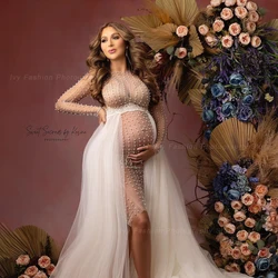 Vestido de maternidad con perlas de tul transparente, ropa Sexy para mujeres embarazadas