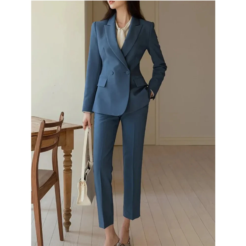 Skinny Blue Double Breasted Peak Lapel 2 Piece Jacket Pants Outfits Formal Blazer Costume Slim Fit Office Lady Clothing 2024