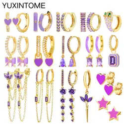 Purple Zircon Enamel Hoop Earrings for Women 925 Sterling Silver Ear Needle Heart/Star/ Pendant Earrings Fashion Jewelry Gift