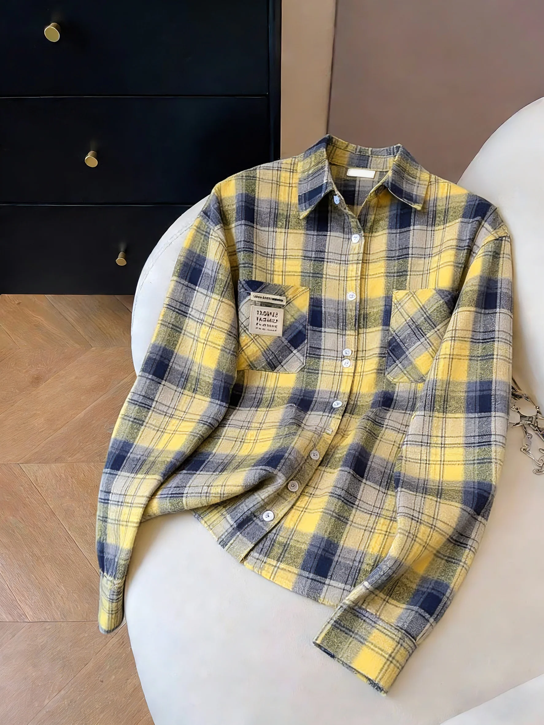 

Korean Sle Long Sve Collar irt Women's Casual Plaid Faion Layering Spring Autumn Casual irt Coat