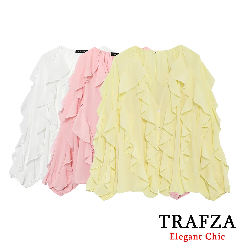 

TRAFZA Cute Chic Summer Shirts Women's Butter Yellow Loose Translucent Shirts 2025 High Street Hippie Holiday Stylish Shirts