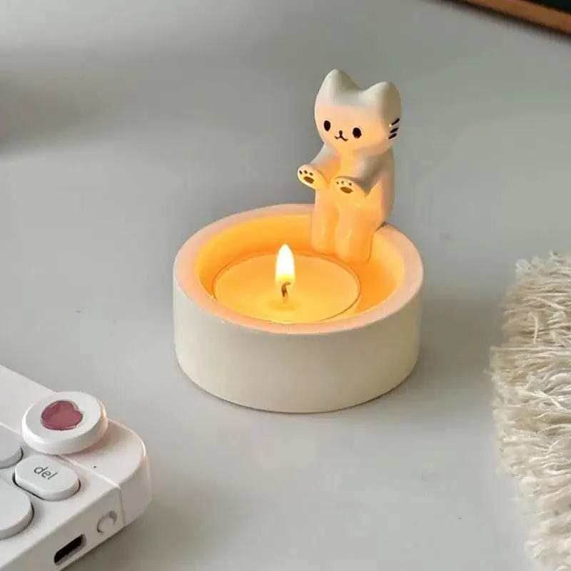 Cartoon Cat Candle Holder Cat Tea Light Candle Holder Office Home Desktop Ornament Cute Cat Warming Paws Candlestick Craft Decor