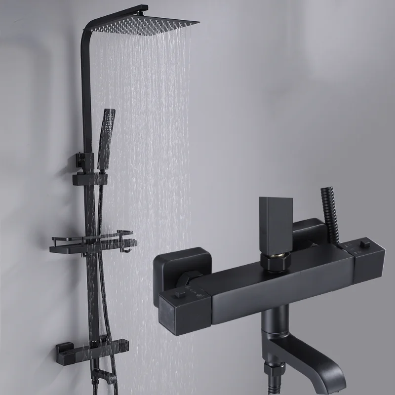 

Stainless Steel Thermostatic Shower Faucet Multiple Water Outlet Methods Height Adjustable Bathtub Faucet With Shower Shelf