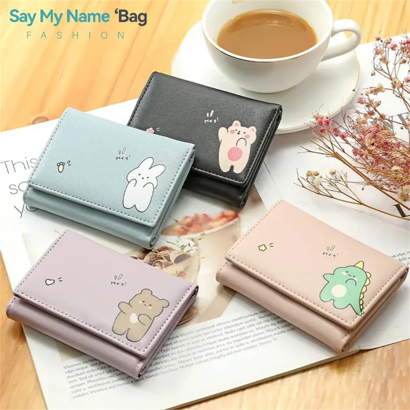 Cartera pequeña de PU a la moda para mujer, Triple plegable, corta, estampada, bonita, sencilla, para estudiantes, con múltiples tarjetas, cero, cartera de dibujos animados para mujer