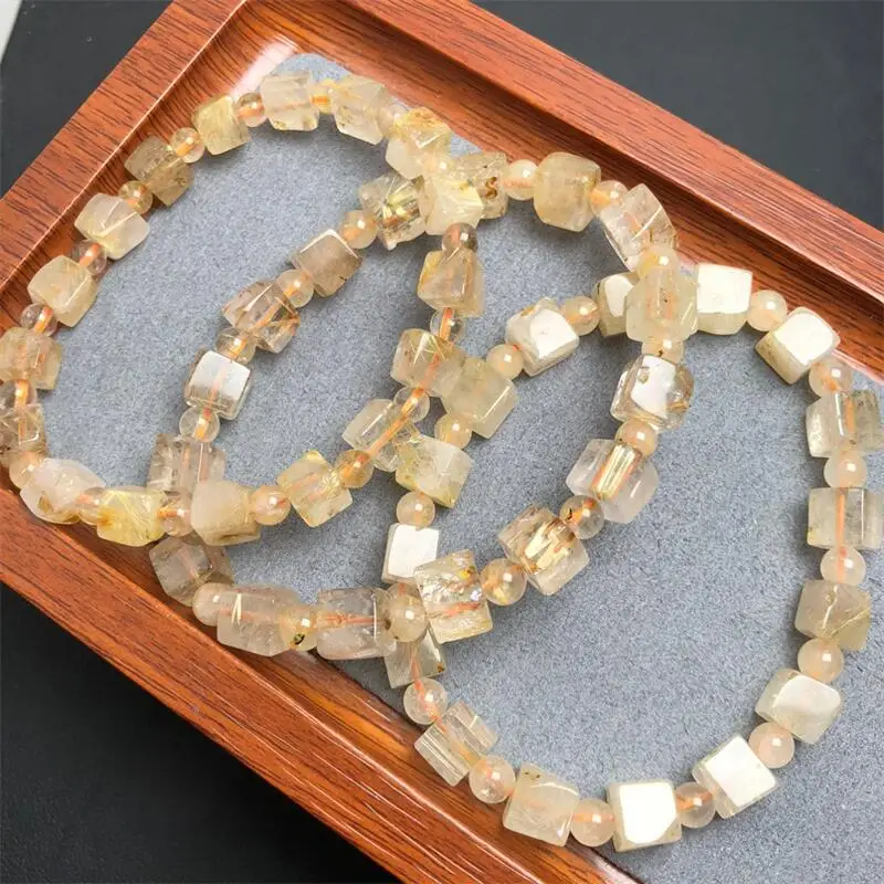 Natural Freeform Rutilated Quartz Cube Bracelet Woman Lady Man Healing Wealth Gift Crystal Beads Quartz Gemstone Jewelry 1PCS