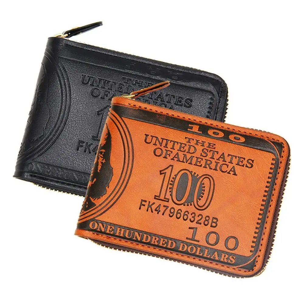 Billetera de cuero con patrón de dólar estadounidense para hombre, billetera con cremallera, tarjetero para fotos, billetera de gran capacidad, 100