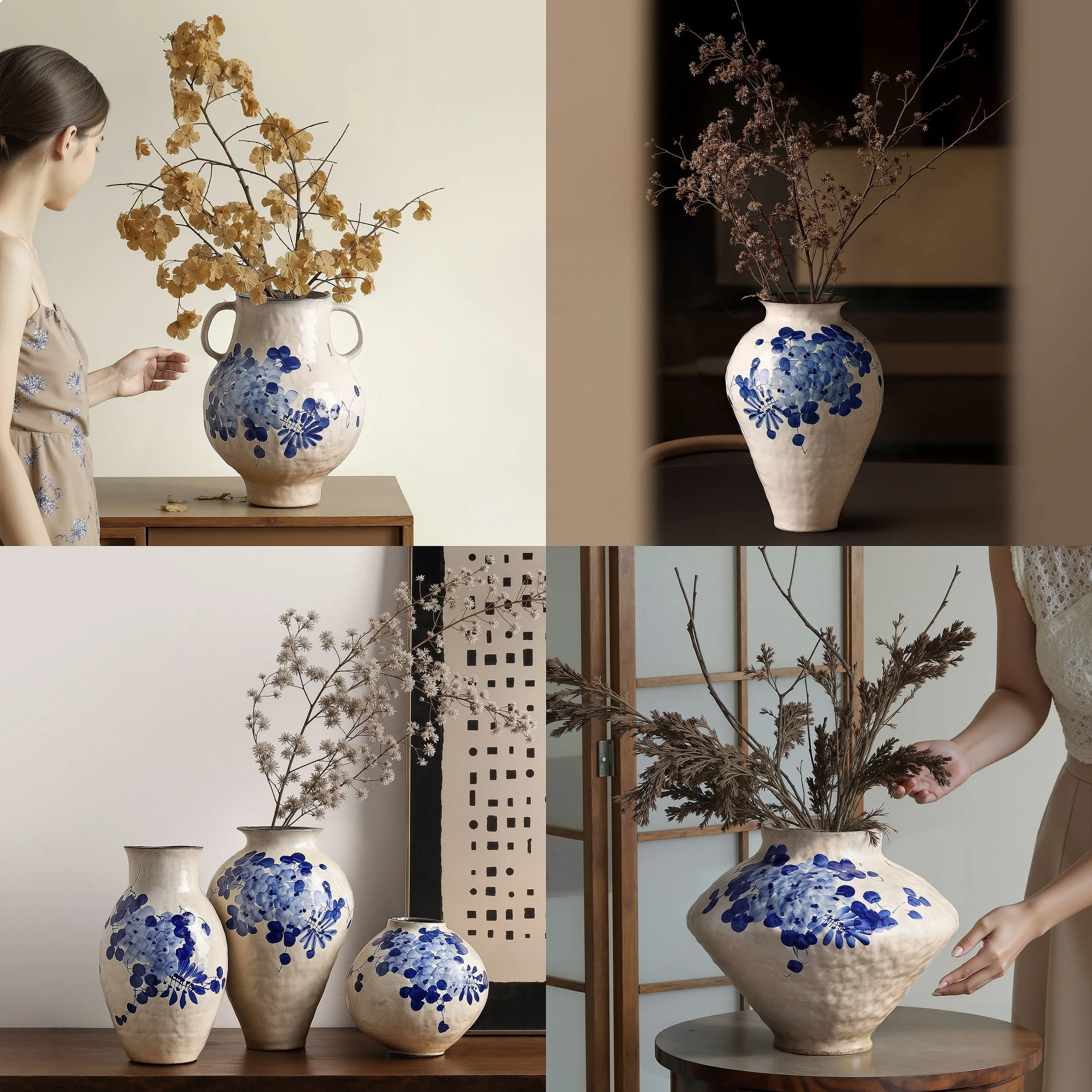 New Chinese Style White Ceramic Vase Blue and White Wisteria Decor for Living Room Entryway Tabletop