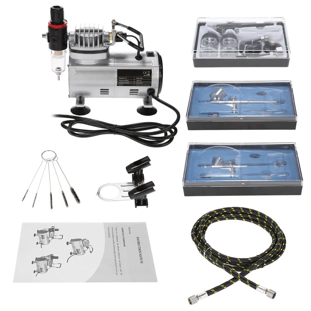 Professional 3 Airbrush Kit With Air Compressor Hobby Spray Air Brush Set Tattoo Nail Art Paint Supply w/ Cleaning Brush