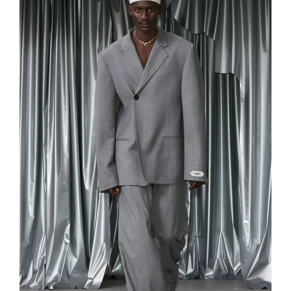 

Oversize Men‘s Light Gray Suits 2 Piece Jacket Pants Sets Single-Breasted Notch Lapel Casual Party Buisness Male Outfits