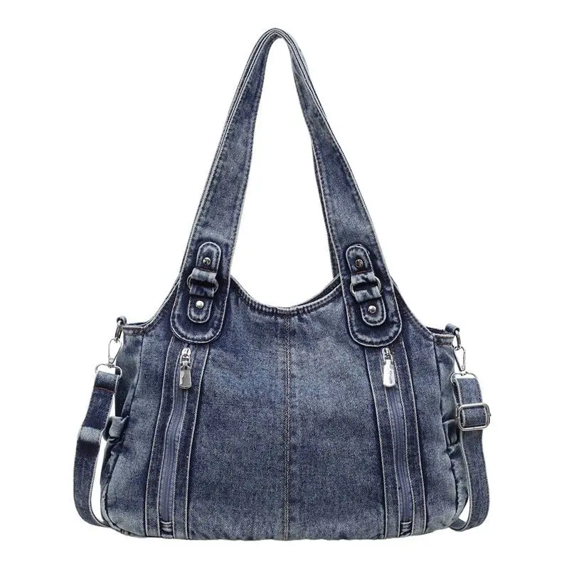 Black Light Dark Blue Vintage Distressed Denim Tote Bag Large Capacity Casual Shoulder Purse for Work School Commute Women Girls