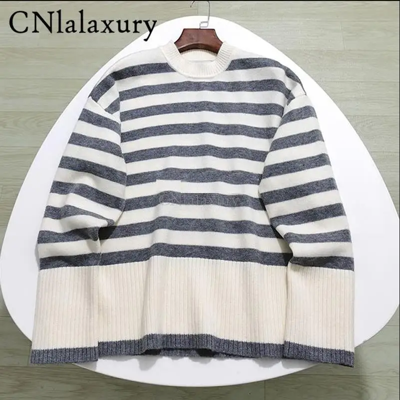 2023 New Autumn Winter Women Sweater Pullover Long Sleeve Round Neck Ladies Striped Knit Fashion Retro Casual Wear Jumper