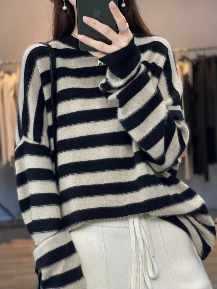 

100% мериносовая шерсть, женский осенне-зимний милый эстетический пуловер с круглым вырезом, модный свободный повседневный свитер с длинными рукавами для повседневной рабочей одежды