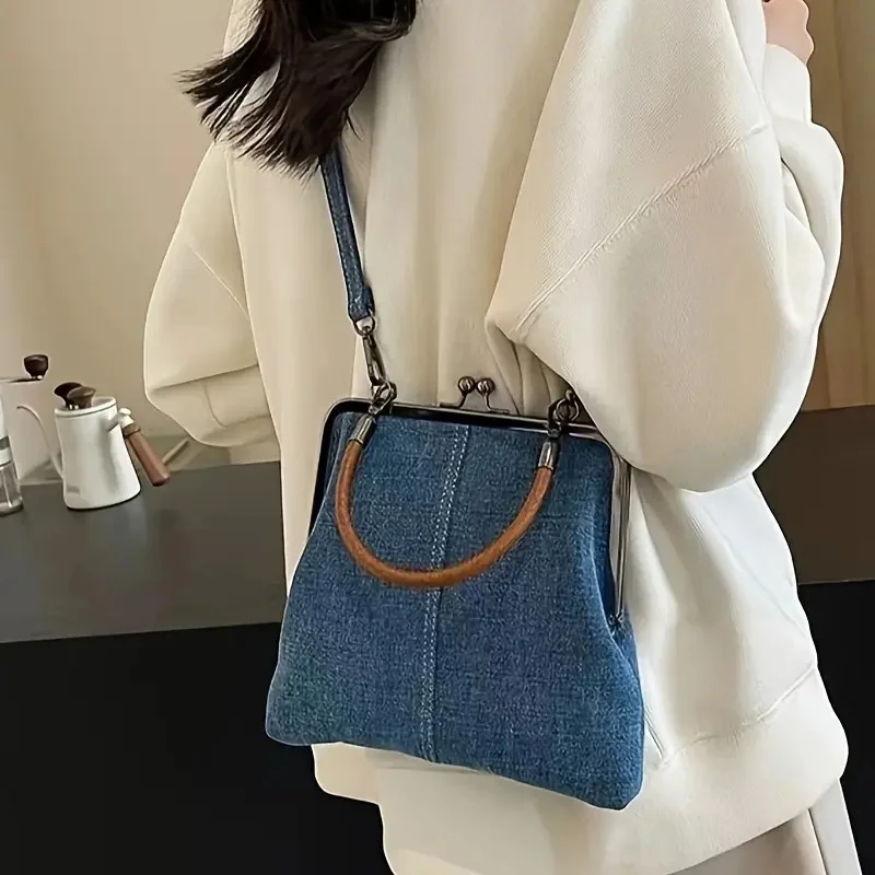 Women's Denim Handbag with Kiss Lock Clasp Vintage Coin Purses Crossbody Bag for Outdoor Portable Beach Wedding