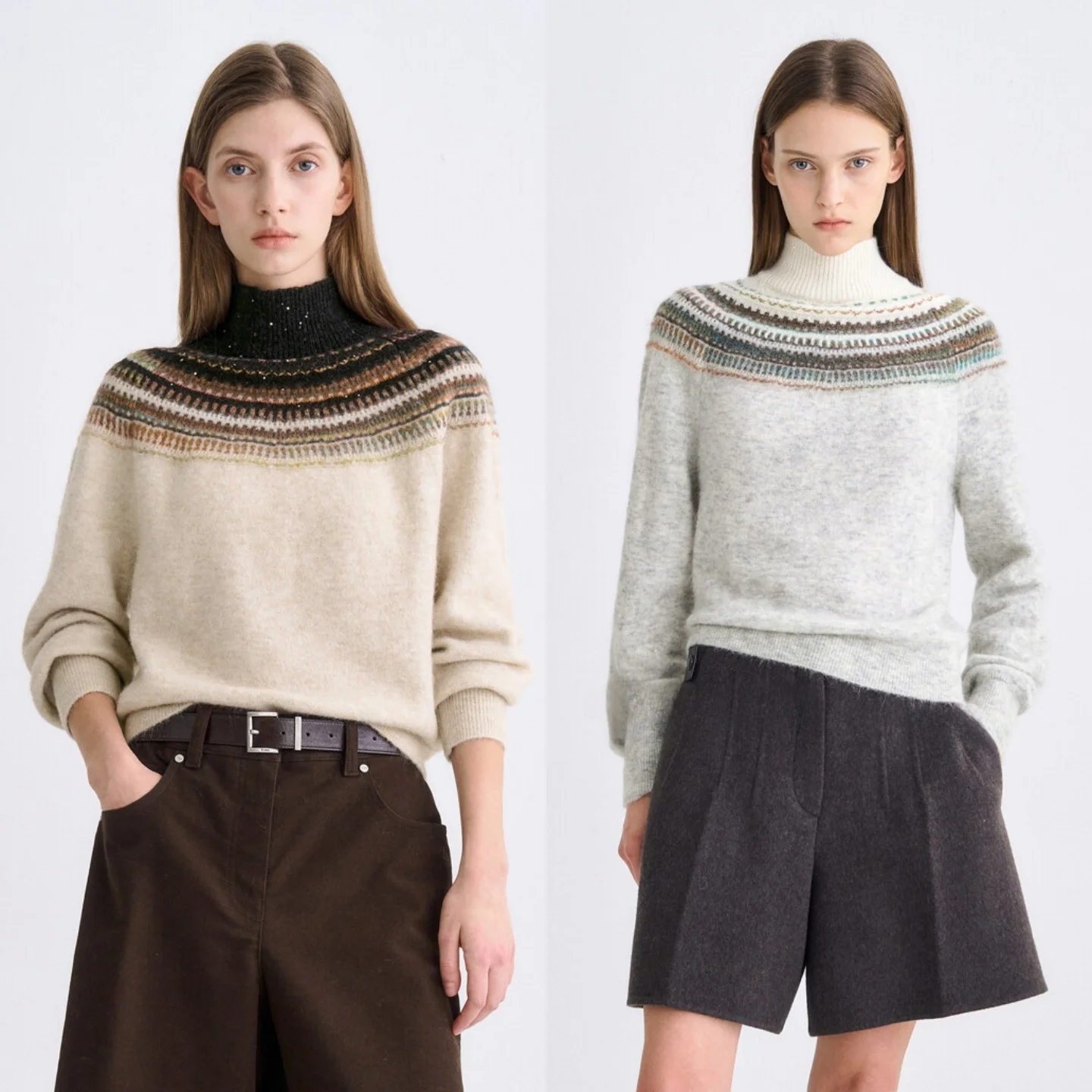 

iny Sequin Fair Isle Knit High Collar Woolen Sweater Versatile Commute Sle Knitted Woolen Top Korean Faion Winter 2025