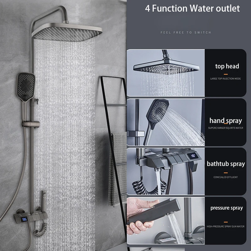 Imagem -03 - Zappo Grey Shower Faucet Conjunto Display Digital Shower Mixer Piano Key Design Banheiro Rainfall Shower Conjunto Misturadores de Água Fria Quente