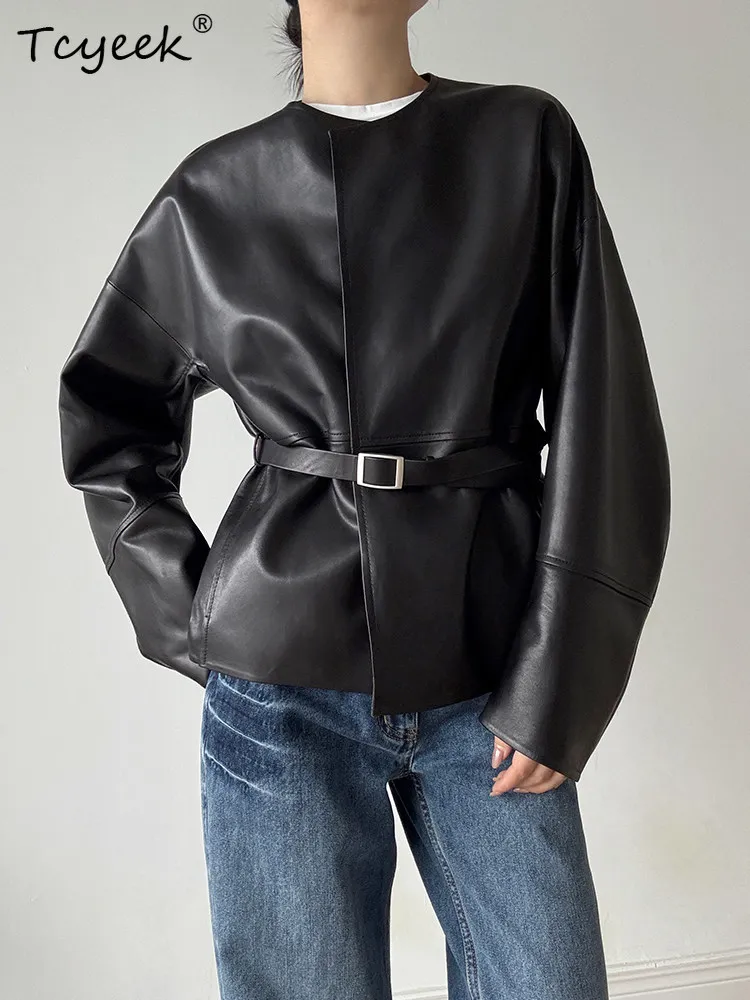 Tcyeek Echt Leren Jas Dames Lente Herfst Jassen Echte Schapenvacht Jas voor Vrouw Jassen Loose Fit Semi Plantaardig Looien