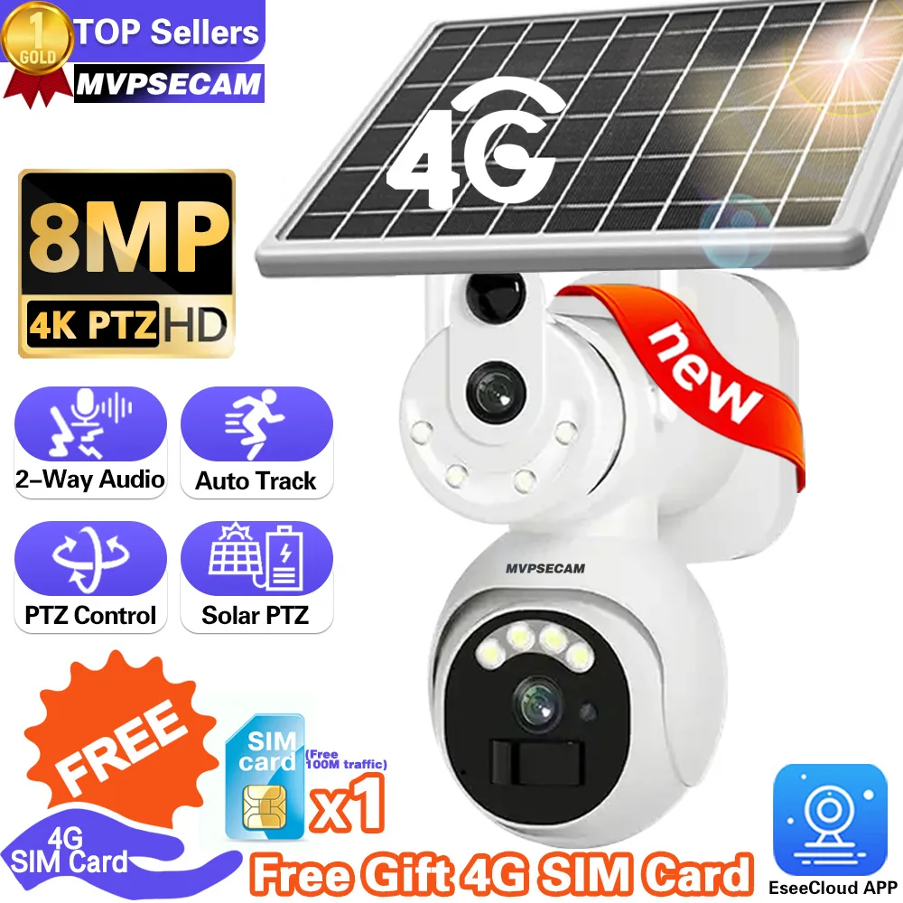 

4K 8MP 4G Sim Card Wireless Solar Camera Dual Lens Dual Screen WiFi IP Cam External Security-Protection PTZ Video Surveillance