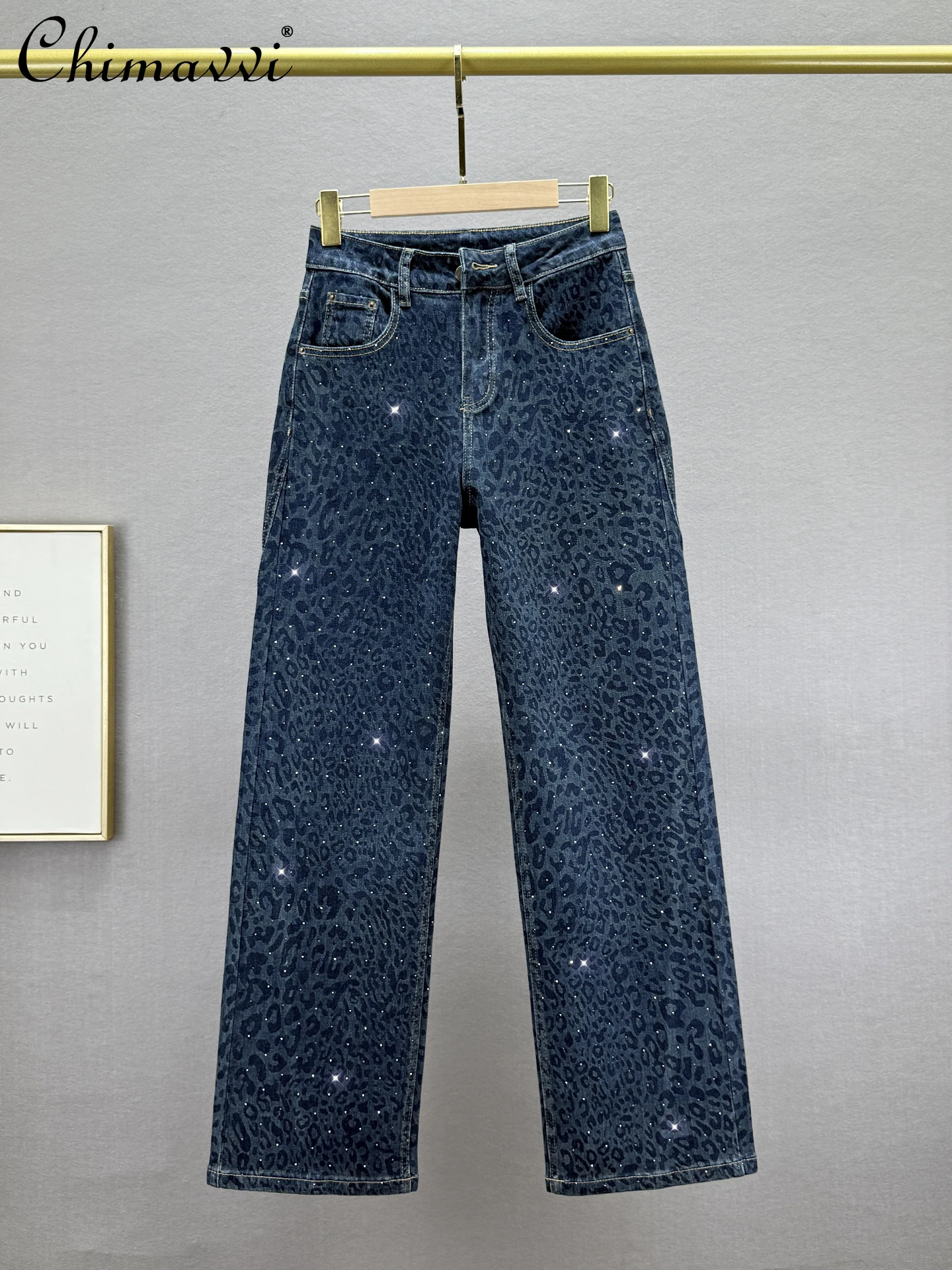 

Тяжелые джинсовые прямые брюки со стразами и леопардовым принтом, женские осенние брюки 2023, новая мода с высокой талией, свободные узкие джинсы в европейском стиле
