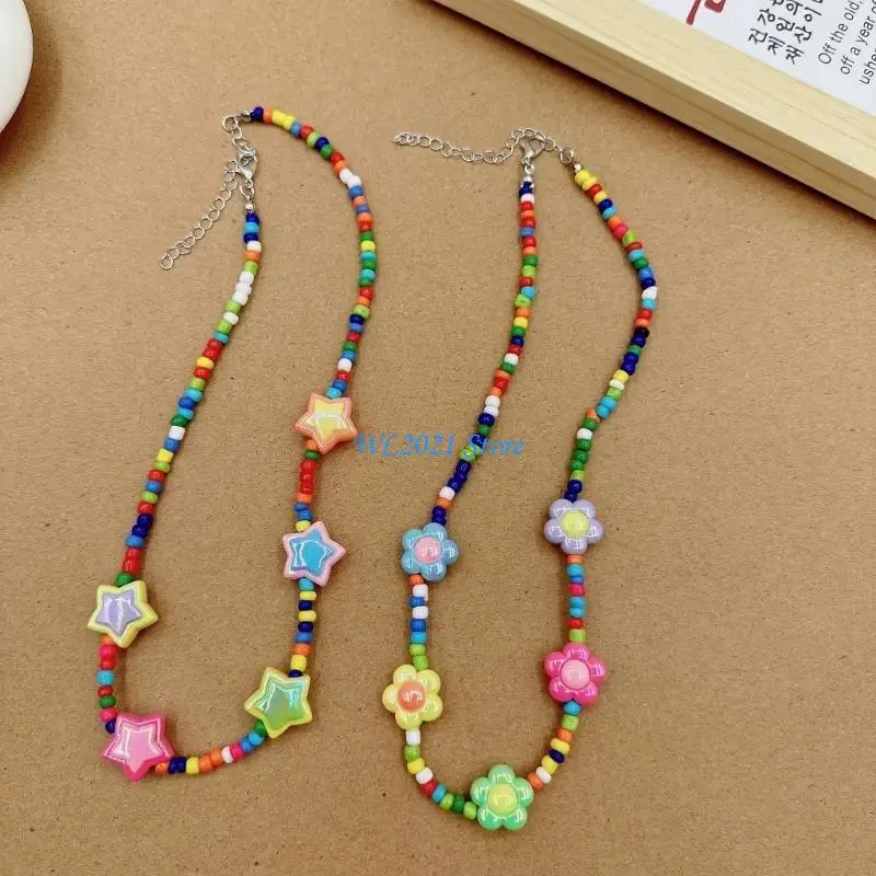 

G5GC Bohemian Hand-woven Flower Colored Necklace Summer Beach Color Rice Bead Rainbow Bracelet Collar Suitable for Female