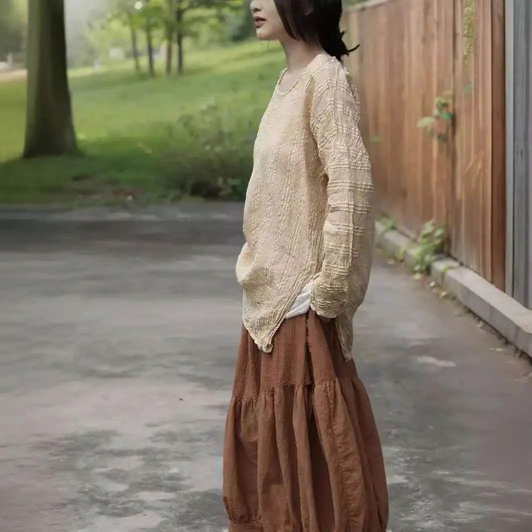 UMI MAO Ramie T-shirt With Artistic And High-quality Three-dimensional Striped Jacquard Split Top For Spring And Autumn Layering