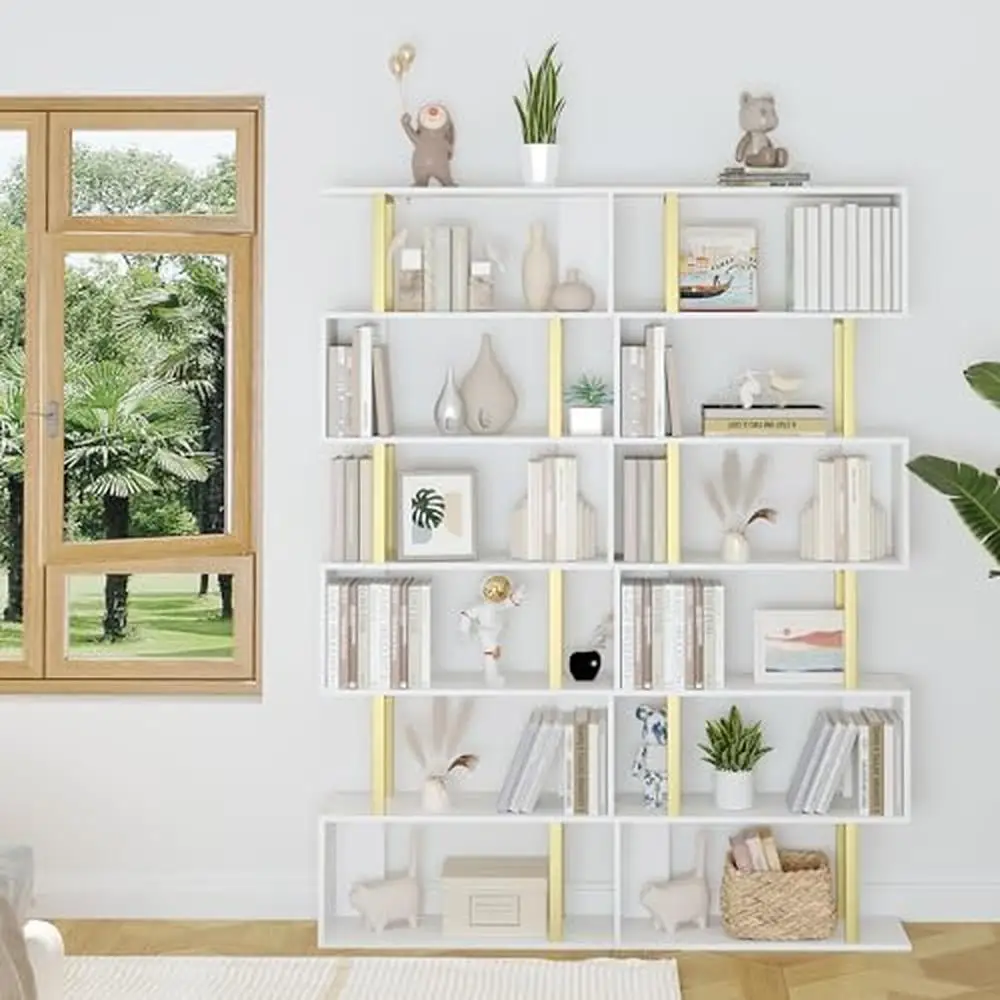 6-Tier Geometric Bookshelf Display Shelf Home Office Modern Wood Decor S Shaped Tall Bookcase Book Case Bedroom Divider Shelf