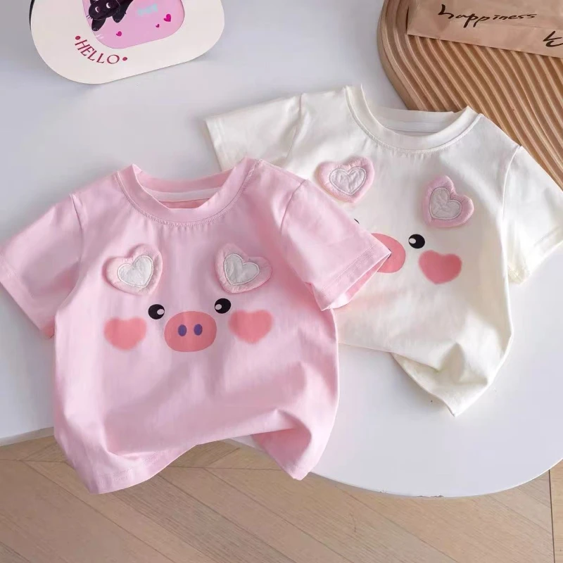 2025 Girls' Summer New 100% Cotton Three Dimensional Love Pig Pattern Breathable Thin Short Sleeve Top