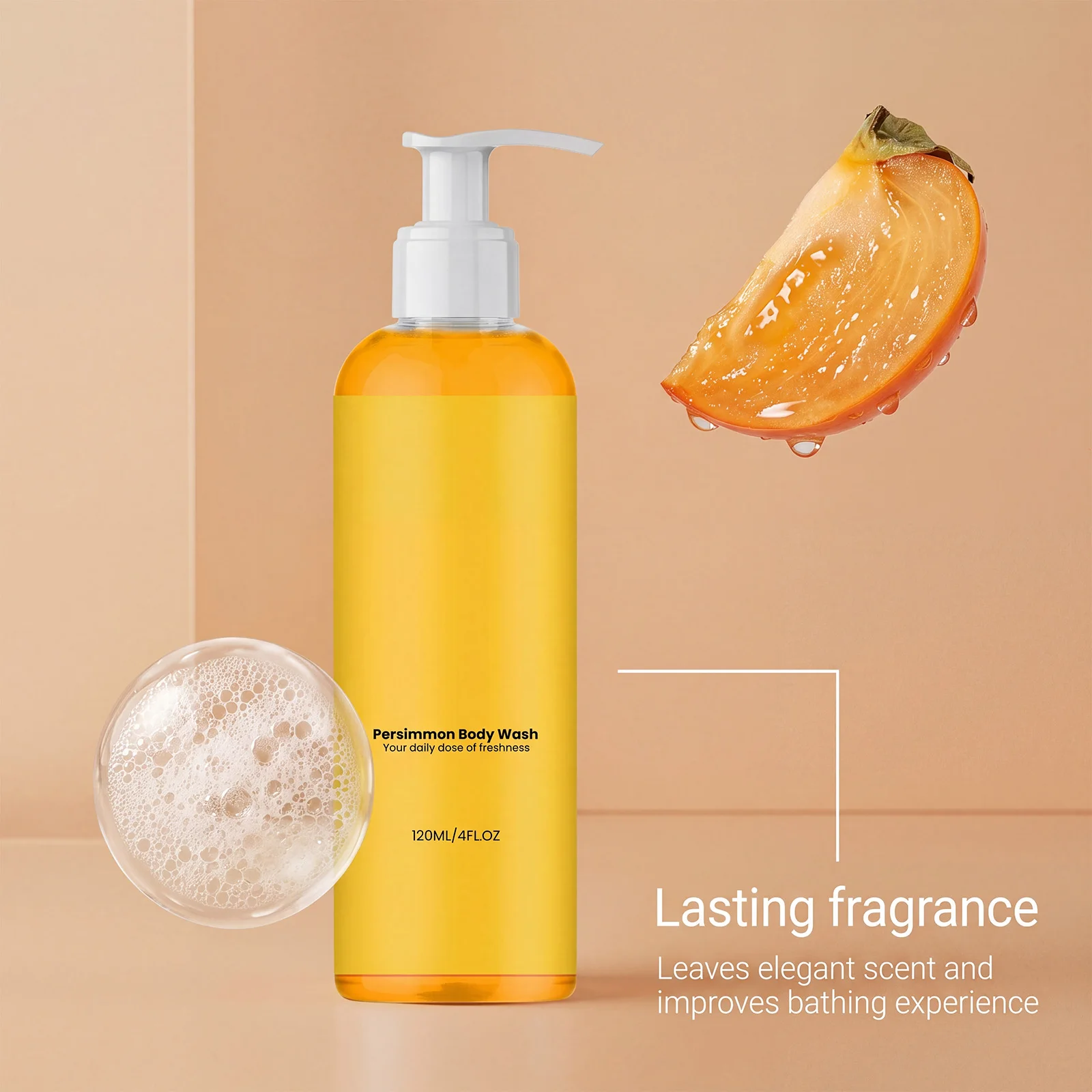 Persimmon Refreshing Body Wash, Creamy Lather, Gentle Hydrating Care, Easy Rinse, Fresh Natural Scent, Removes Impurities
