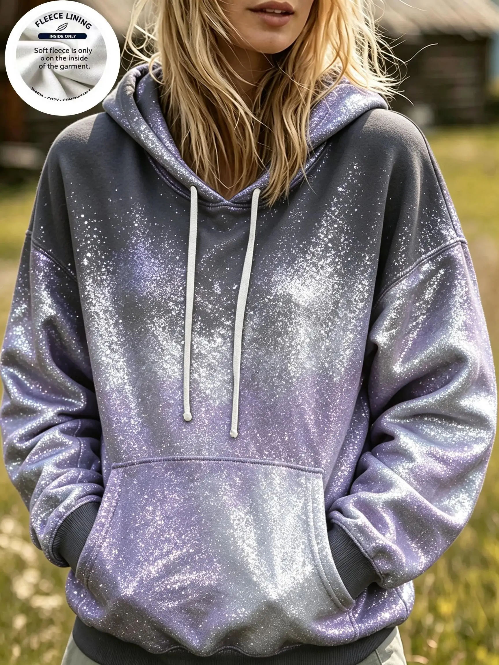Galaxy Glitter Gradient Women Hoodie Fleece Lined Sparkle Print Long Sleeve Casual Pullover Sweatshirt