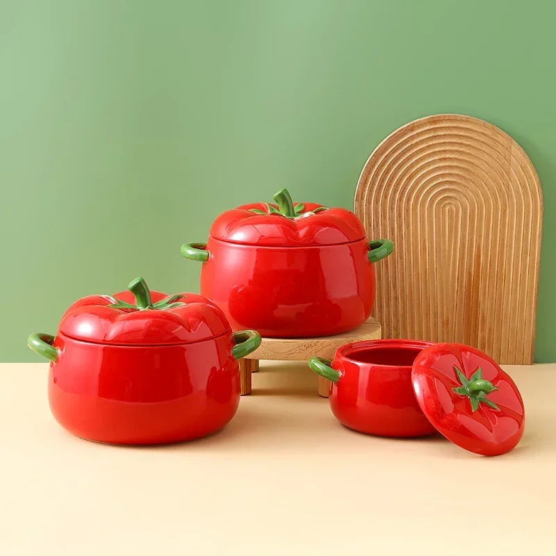 Tazón de sopa con forma de tomate, tazón de cerámica para fideos instantáneos, tazón de Ramen de doble oreja con cubierta, utensilios de cocina para dormitorio de estudiantes