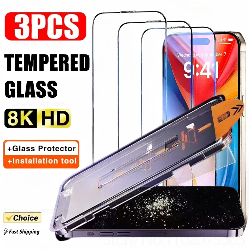 3Pcs HD Tempered Glass Dust free Installation Screen Protector for IPhone 16 15 14 13 12 11 Pro Max 15 Plus13 12 Mini X XR Glass