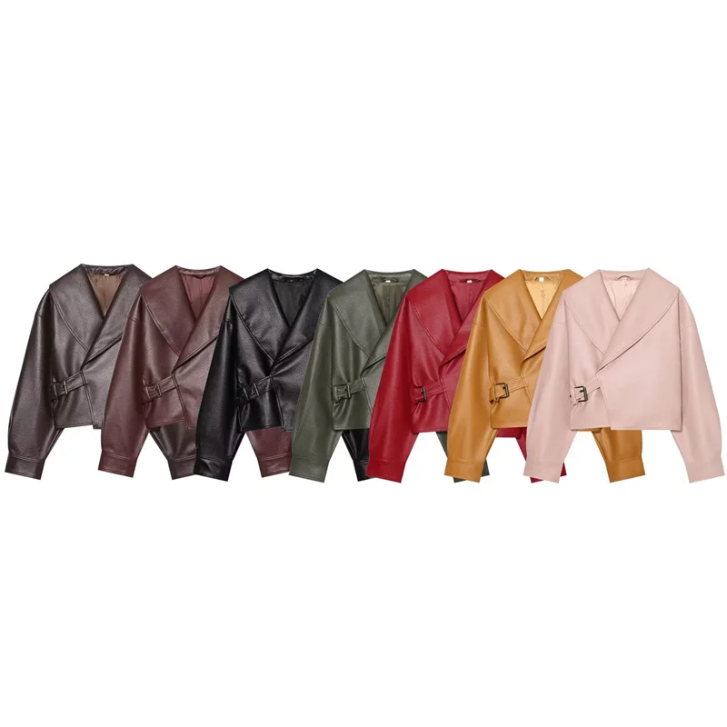Guobioziy Women's Jacket 2026 Early Autumn New ZW Series Long-Sleeve Turn-Down Collar Full Leather Buckle Short Jacket