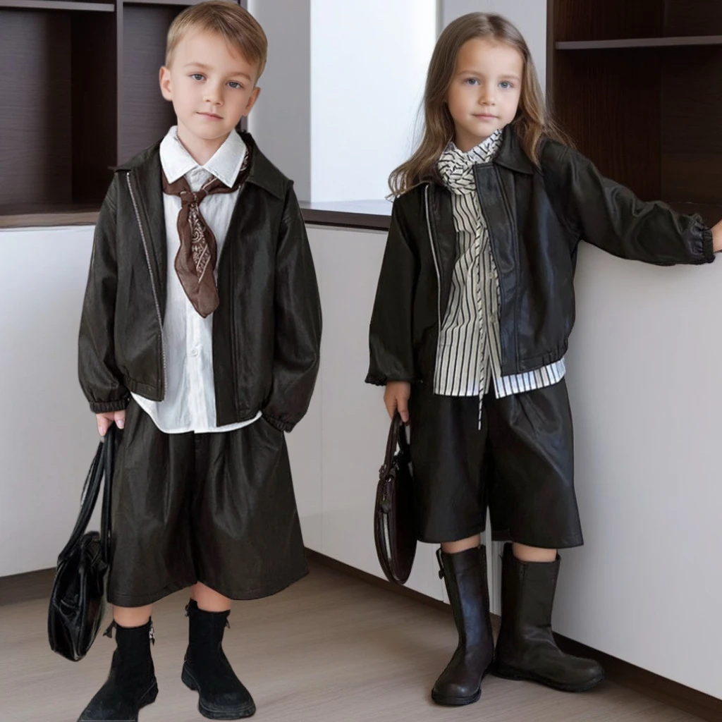 

Girls Leather Outfit Sets Black Cool Teen Boys Clothes Fashion Biker Jacket Shorts 2-piece Spring Autumn Trendy Matching Suits
